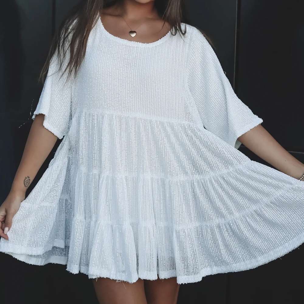 My Queen Sequin Pearl Baby Doll Dress White